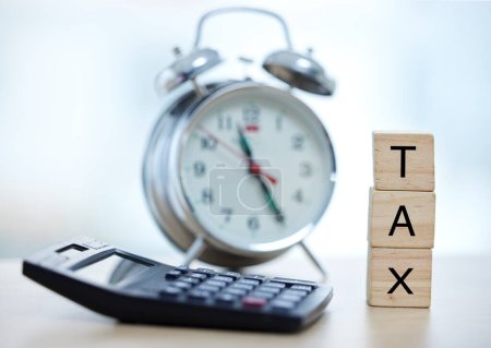 Tax finance accounting, clock and calculator for government law compliance, file income revenue return or self assessment. Building blocks, alarm time watch and financial audit for taxes payment.