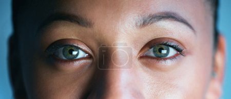 Photo for Woman, face and eyes looking for biometrics, optics or vision in the future for scanning identity. Closeup of female eye in focus for scan, cyber security or facial recognition with optical iris. - Royalty Free Image