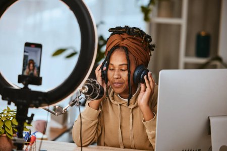 Photo for Communication, phone and influencer streaming podcast, radio talk show or speaker talking about teen culture. Presenter, black woman or host speaking about student news on online broadcast microphone. - Royalty Free Image