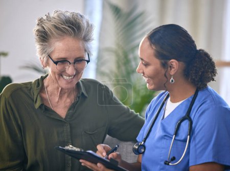Healthcare, retirement and clipboard with a nurse and woman in consultation over treatment in a home. Medical, insurance and documents with a female medicine professional taking to a mature patient.