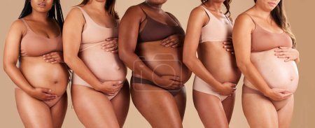 Pregnancy, body or women touching stomach in support, love or community diversity on studio background. Pregnant, friends or mothers in underwear for belly growth, empowerment or healthcare wellness.