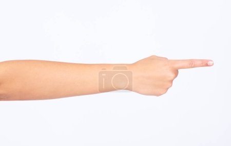 Photo for Finger, point and hand in studio for direction, discipline or blame expression or mockup. Arm, pointing and person with forearm for hand gesture for showing or directing isolated by white background - Royalty Free Image