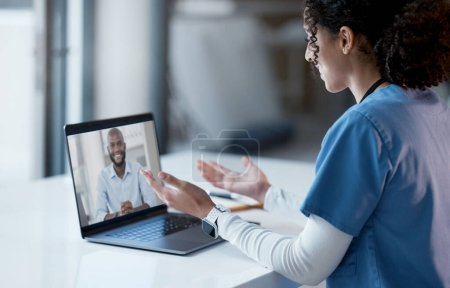 Photo for Video call, laptop and doctor consulting online, virtual healthcare or telehealth service for advice, help and support. Computer screen, medical professional, nurse talking to patient or black people. - Royalty Free Image