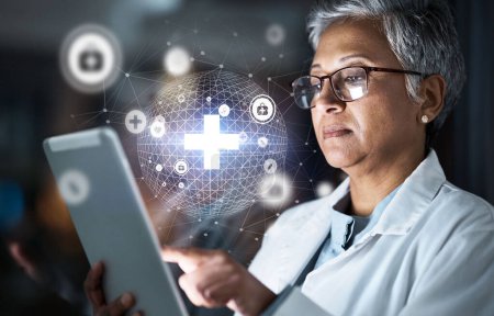 Doctor, tablet or futuristic global healthcare on cybersecurity, life insurance or data safety app on night hospital network. Thinking, woman or medical technology hologram and overlay for research.