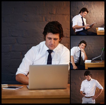 Foto de He doesnt mind putting in the hours. Composite image of a businessman working in his office - Imagen libre de derechos