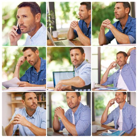 Foto de Working from home. Composite image of a businessman working from home - Imagen libre de derechos