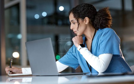 Photo for Doctor, laptop and writing notes at night thinking about healthcare solution, idea or planning at hospital. Woman medical nurse working late in focus with notebook and computer for research at clinic. - Royalty Free Image