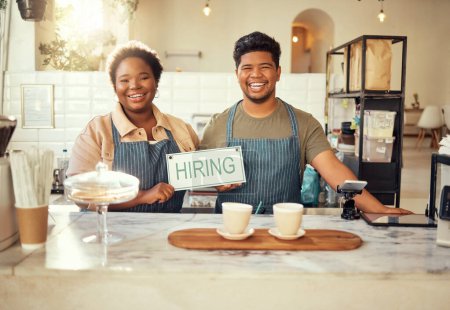 Foto de Portrait, collaboration and hiring sign by small business owners happy at coffee shop or cafe in support together. Team, recruitment and friends due to startup growth due to vacancy, join us or job. - Imagen libre de derechos