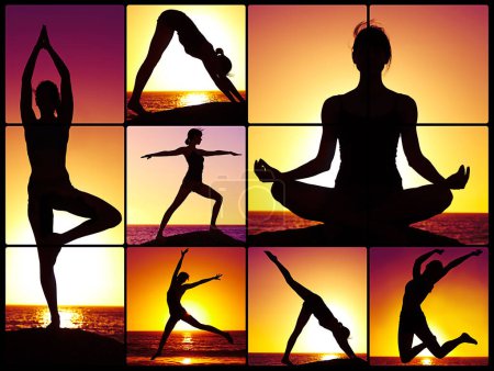 Foto de Finding peace and wellness. Composite image of a woman doing yoga on a beach at sunset - Imagen libre de derechos