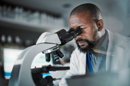 Foto de Black man scientist, microscope and lab analysis in biodiversity study, vision and research data for innovation. Agriculture science, studying microbiome and laboratory with focus for future goals. - Imagen libre de derechos
