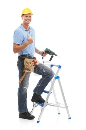 Téléchargez les photos : Thumbs up, portrait and repairman in a studio with a drill, tool belt and ladder for maintenance. Happy, smile and male industry worker or handyman with tools for repairs isolated by white background. - en image libre de droit