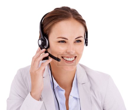 Encantado de ser de ayuda... Agente profesional del centro de llamadas que trabaja mientras usa un auricular - aislado en blanco