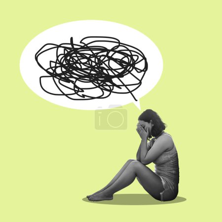 Photo for Mental health, confusion and woman on floor, depression and emotional on studio background. Speech bubble of scribble, female and girl on ground, emotional or anxiety with thoughts, stress or anxious. - Royalty Free Image