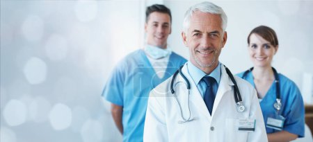 Photo for Healthcare, banner and portrait of doctors for a consultation, medicine promotion and insurance. Hospital team, medical and clinic employees smiling for cardiology, professional services and medicare. - Royalty Free Image