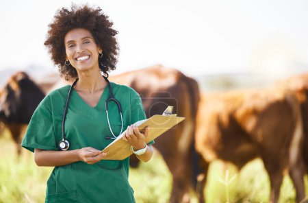 Vet doctor or black woman with cattle farming, agriculture or food industry for healthcare check, inspection and portrait. Professional african person or animal expert with cow paperwork or checklist.