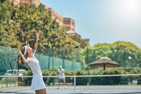 Photo for Tennis court, woman and serving for sports competition outdoor for fitness, exercise and training. Healthy people at club for game, workout and performance for health and wellness with summer cardio. - Royalty Free Image