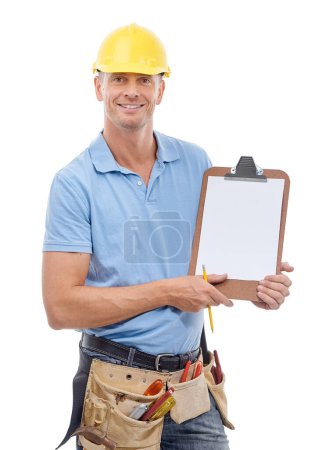Foto de Sign up, contract and construction worker with a clipboard for a deal and asking for information and details. Portrait of handyman, employee or builder with a survey isolated in white studio. - Imagen libre de derechos