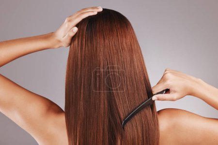 Photo for Beauty, comb and woman doing haircare in a studio with a brazilian, keratin or botox treatment. Health, hygiene and back of female model with a long, healthy and shiny hair style by a gray background. - Royalty Free Image