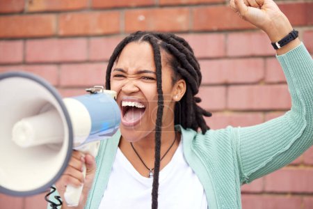Speaker, protest or angry black woman with speech announcement for politics, equality or human rights. Young feminist leader, stop or loud gen z girl shouting for justice or help on wall background.