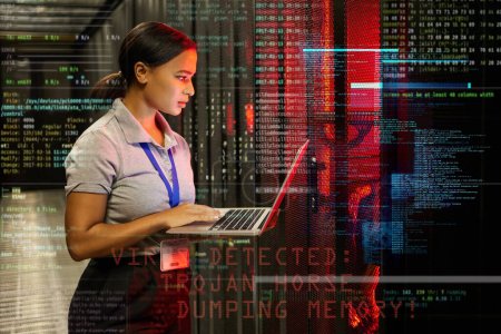 Virencode, Laptop oder Serverraum in 3D-IT-Engineering, Softwareprogrammierung oder futuristische Cybersecurity-Hacker. Technologie, Rechenzentrum oder abstrakte Sicherheitscodierung von denkenden Frauen in Sicherheitskrisen.