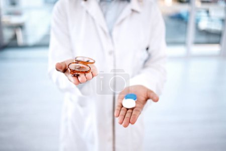 Photo for Eye care, choose glasses with contact lenses in hands, closeup and vision with healthcare for eyes. Prescription lens, person with frame choice and plastic container, optometrist and health. - Royalty Free Image
