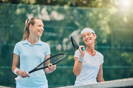 Photo for Tennis, women friends and sports on outdoor court for fitness, exercise and training. Healthy people or team talking at club about game, workout and performance for health and wellness with cardio. - Royalty Free Image