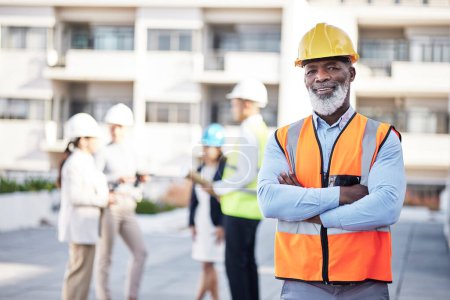 Photo for Portrait, black man arms crossed and outdoor on construction site, smile and manager with confidence. Face, male employee and happy leader with happiness, corporate and new building with renovations. - Royalty Free Image