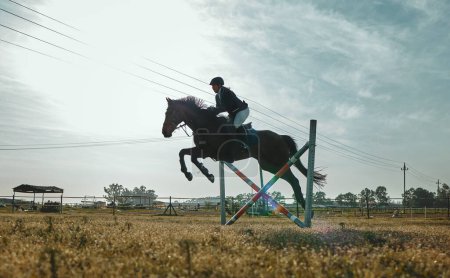 Téléchargez les photos : Woman on horse, jumping and equestrian sports practice for competition with blue cloudy sky on ranch. Training jump, jockey or rider on animal for racing on obstacle course, dressage or hurdle race - en image libre de droit