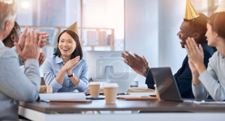 Photo for Office party, applause and new year with a business team in the boardroom for celebration together. Meeting, partnership or celebrating with a man and woman employee group clapping in the boardroom. - Royalty Free Image
