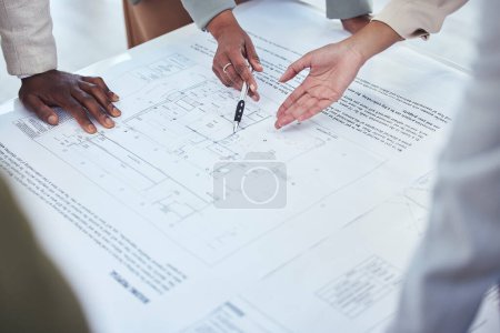 Photo for Architecture, construction team and hands with blueprint for planning, building strategy and estate project. Engineering, property development and contractors with illustration, design and floor plan. - Royalty Free Image