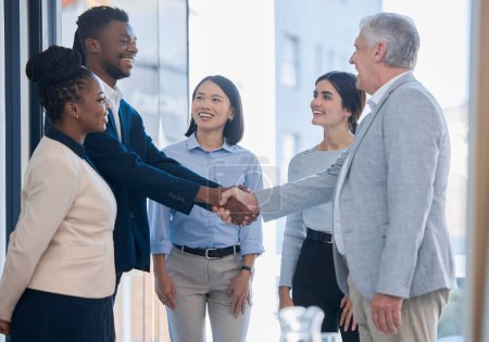 Photo for Hand shake, acquisition and business people happy for investment deal, b2b contract or negotiation agreement. Diversity human resources, hiring welcome or administration job interview with HR manager. - Royalty Free Image