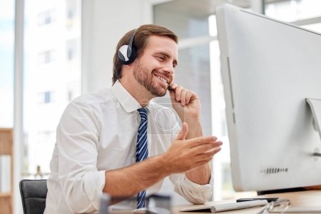 Callcenter, customer service or man on computer for virtual support, consulting or networking in office. Manager, CRM or sales advisor on tech for telemarketing, research or telecom contact us help.
