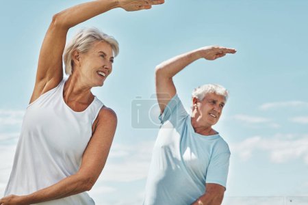 Téléchargez les photos : Senior couple, yoga and meditation in zen workout for healthy spiritual wellness in nature. Happy elderly woman and man yogi in fitness meditating together for calm peaceful exercise in the outdoors. - en image libre de droit