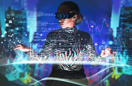 Metaverse, black woman and virtual reality glasses with overlay for digital transformation. Person with vr headset ar hologram for cyber and 3d world for big data and trading future and infographics.