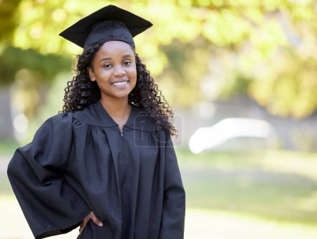 Photo for Success, graduation and smile with portrait of black woman in nature for education, happy and college with mockup. Scholarship, study and university with student for mindset, school and future goals. - Royalty Free Image