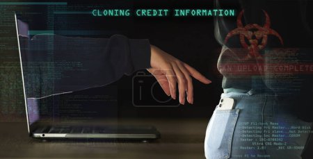Photo for Phishing, cyber security and hacker with laptop and phone with matrix overlay for crypto, password and software cloning. Data, fraud and programming with hand of person for crime, digital and malware. - Royalty Free Image