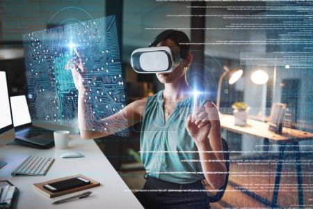 Woman, coding and night with vr double exposure, hologram graphic or web design planning for cybersecurity. Developer, augmented reality glasses or future cloud computing at office with metaverse ux.