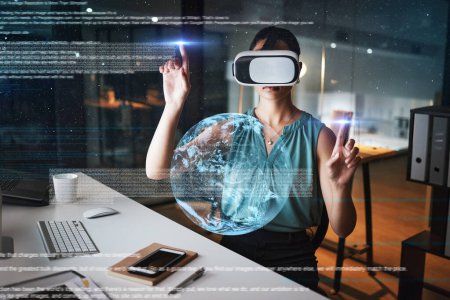 Foto de Earth overlay, global network or woman in virtual reality or vr for a 3d experience in office at night. Future, metaverse globe or employee networking with a futuristic digital online innovation. - Imagen libre de derechos