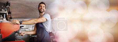 Photo for Small business, barista and coffee shop owner in mockup, man with confident smile in restaurant startup. Success, happy manager or cafe employee with bokeh, apron and espresso machine in service - Royalty Free Image