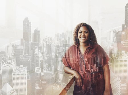 Photo for Businesswoman, portrait smile and city in double exposure with vision for career ambition, goals or success. Female architect employee smiling for planning, idea or architecture buildings on overlay. - Royalty Free Image