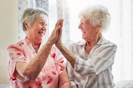 Téléchargez les photos : Good friends make the years golden. two happy elderly women giving each other a high five together at home - en image libre de droit