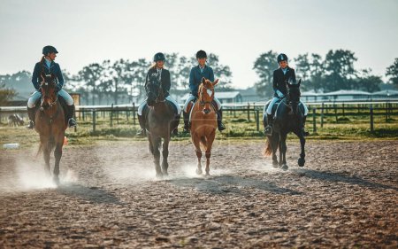 Téléchargez les photos : Equestrian, group and women on a horse for sports, training and show on farm in Switzerland. Learning, lessons and girls horseback riding for a race, competition or professional event in countryside. - en image libre de droit