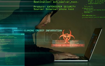 Hack, cyber security and female hacker with laptop coding on website for crypto data. Scam, cyber attack and woman doing fraud or hacking on internet with computer for information technology in dark