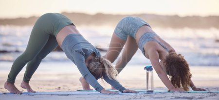 Foto de Mujer, amigos y yoga se extienden en la playa para el bienestar espiritual, zen o entrenamiento juntos en la naturaleza. Las mujeres yogui en el estiramiento de calentamiento, pose svanasana o pilates para un ejercicio saludable en la costa del océano. - Imagen libre de derechos