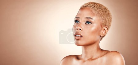 Photo for Beauty, skincare product placement and mockup, black woman in studio with luxury cosmetics promo. Natural bronze makeup, spa facial and healthy glowing skin on face of model girl on brown background - Royalty Free Image