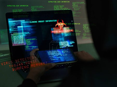 Cybersicherheit, Betrug und Hände auf Laptop und Handy beim Programmieren oder Hacken einer Webseite. Betrug, Cyber-Angriff und Hacker-Codierung auf einem Computer, um im Dunkeln Informationen oder Datentechnologie zu stehlen.