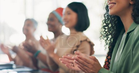 Foto de Success, business meeting and team clapping hands for an achievement, celebration or congratulations. Applause, good news and group of corporate employees celebrating successful teamwork in workplace. - Imagen libre de derechos
