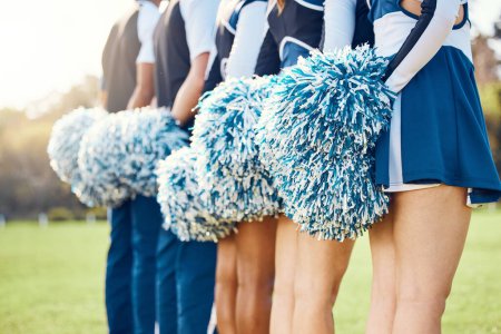 Photo for Cheerleader pom poms, backs and students in cheerleading uniform on a outdoor field. Athlete group, college sport collaboration and game cheer prep ready for cheering, stunts and fan applause. - Royalty Free Image
