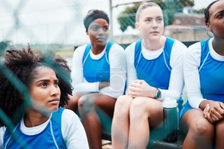 Photo for Sports, netball and women talking, listening and planning strategy for game, match and practice on court. Fitness, teamwork and serious female athletes ready for exercise, training and competition. - Royalty Free Image