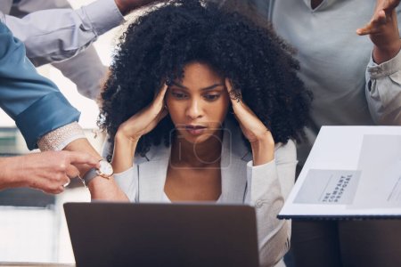 Photo for Crisis, stress and black woman with headache from multitasking, workload and team pressure in office. Burnout, fail and corporate manager with anxiety, mistake and deadline, problem or online glitch. - Royalty Free Image